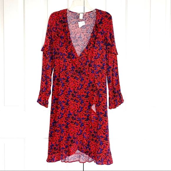 H & M Dress Red Floral Faux Wrap Ruffled Sleeves Ruffled Trim Dress Size 2 NEW - Picture 12 of 16